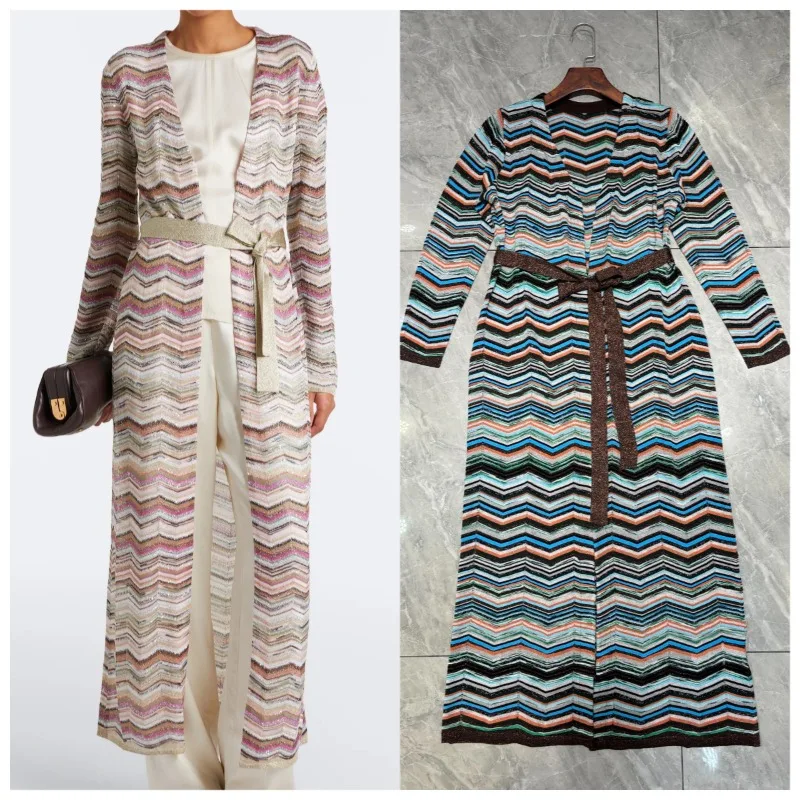 Bohemian Striped Knitted Trench Coat for Women Fashion 2026 Summer New V-Neck Long Sleeve Long Coat High-End Elegant Outerwear