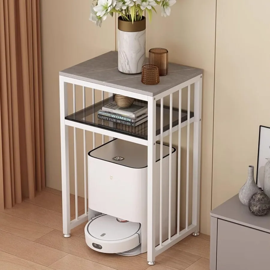 

3-Tier Metal Storage Rack for Robot Vacuum White/Grey Freestanding Stand with End Table Design Ideal for Living Room and Home O