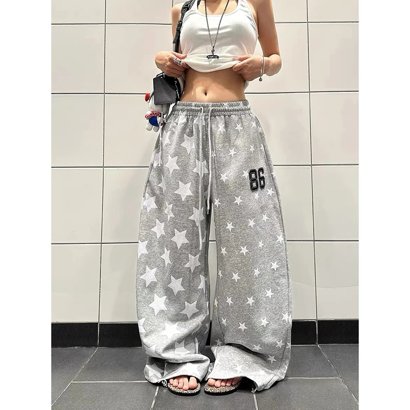

YIBASHU Американские Ретро Y2k Спортивные Брюки со Звездным Принтом Женские Осень Зима High Street Хип-Хоп Свободные Повседневные Серые Широкие Брюки
