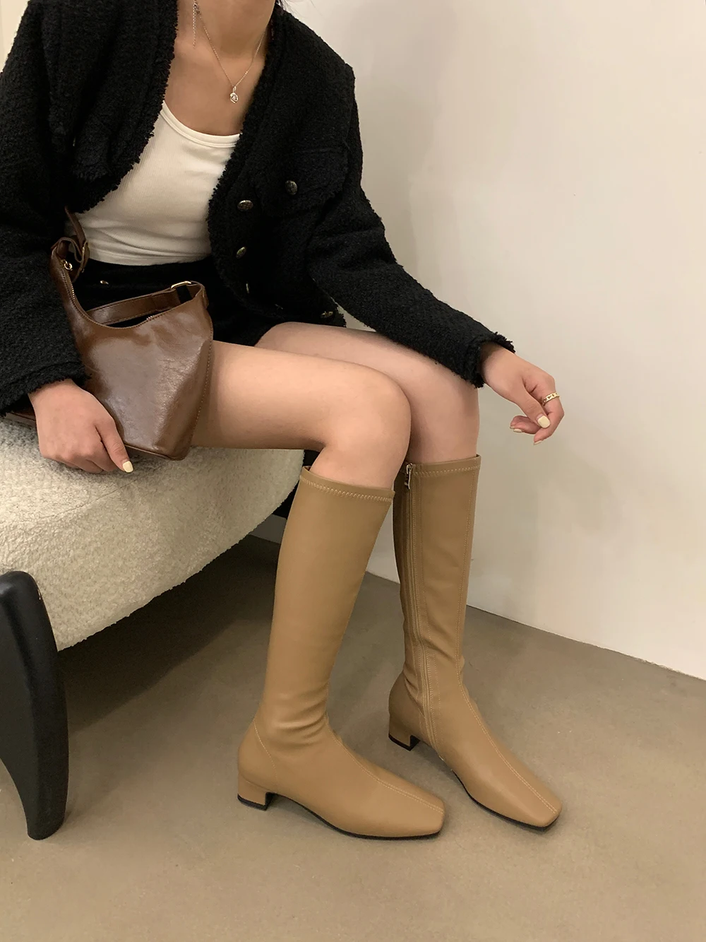 Square Toe Women Knee High Boots 2024 New Arrivals Thick Flat Mid Heels Black Beige Brown Khaki Winter Dress Shoes Woman Size 40