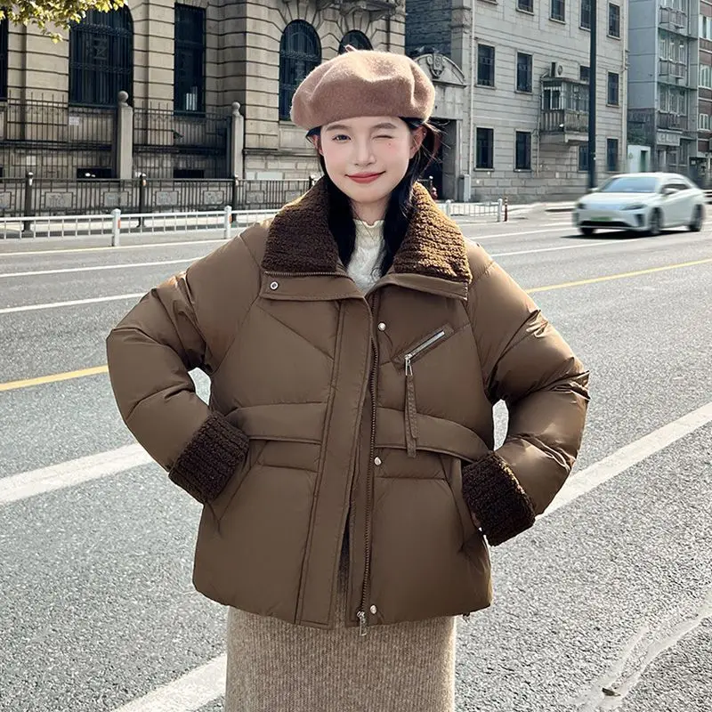 Winter New Korean Loose Collared Cotton Jacket for Women Small Stature Yarn Spliced Bread Short Cotton Trendy Outerwear Parkas