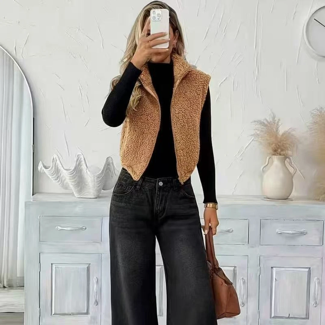 Warm Fleece Vest Ladies Stand Collar Zip Up Sleeveless Pocket Camel Cropped Loose Soft Elegant Casual Streetwear Fashion Vest