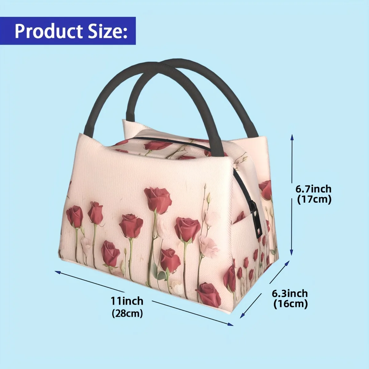 Floral Insulated Lunch Bag - Reusable, Leak-Proof Cooler Tote With Pink Roses & Green Foliage Design For Work, Picnic, Beach