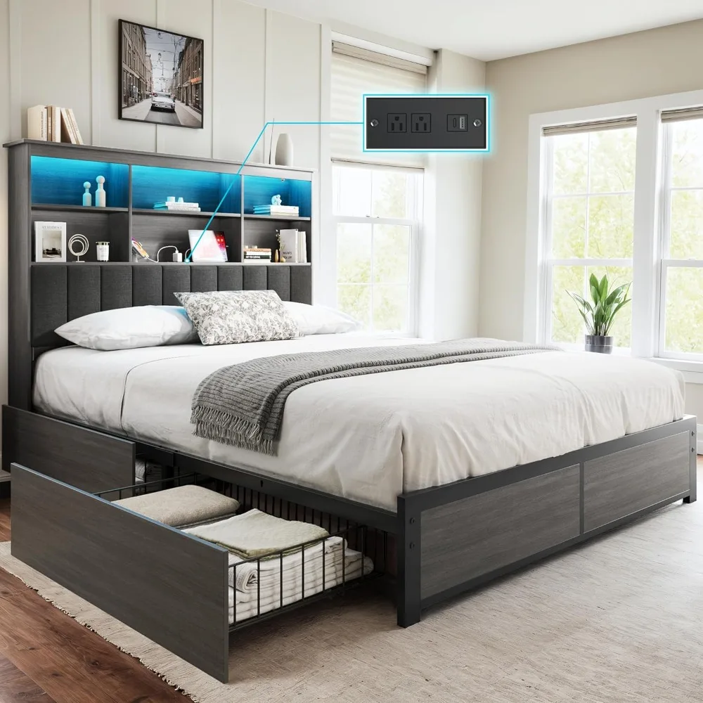 Queen Bed Frame with Storage Headboard, 4 Storage Drawers & LED Charging Station, No Box Spring Needed, Wood Bed Frame