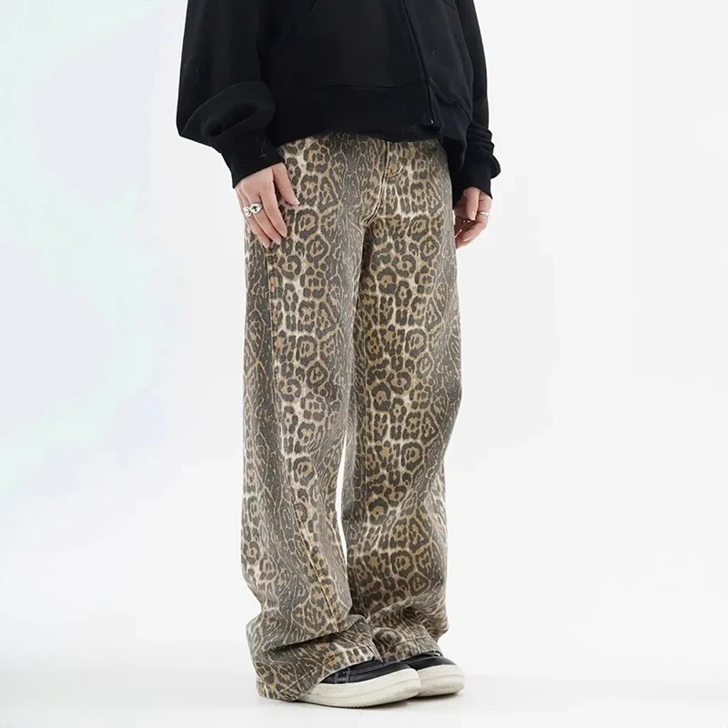 

American Retro Women Casual Leopard Print Jeans Vintage Long Wide Leg Pants Ladies High Waist Denim Trousers Lady Autumn Fashion