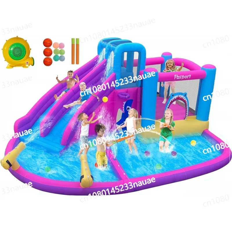 nflatable Bounce House Water  Park, Double Slide Bouncer Climbing Wall, Bouncy Castle with 550W Air Blower for