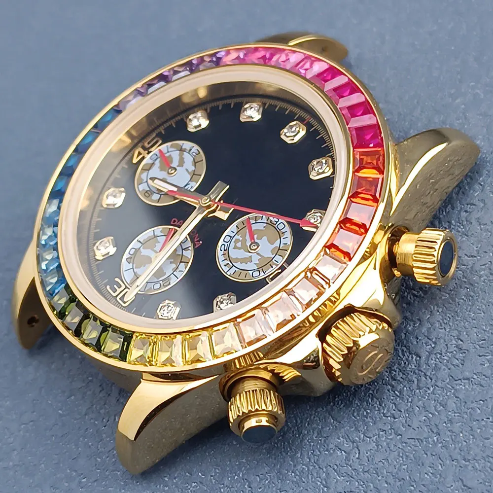 40mm VK63 movement 10barfa water case 316L Stainless steel sapphire glass case Colored diamond bezel close back cover