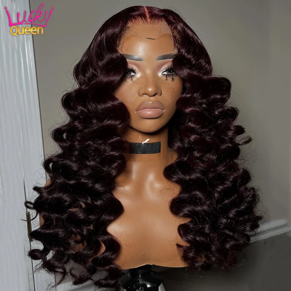 Loose Wave Dark Burgundy 7X5 Glueless #99J 180 Density Pre Plucked Transparent Brazilian 100% Human Hair Wigs 13X6 Lace Frontal view 4
