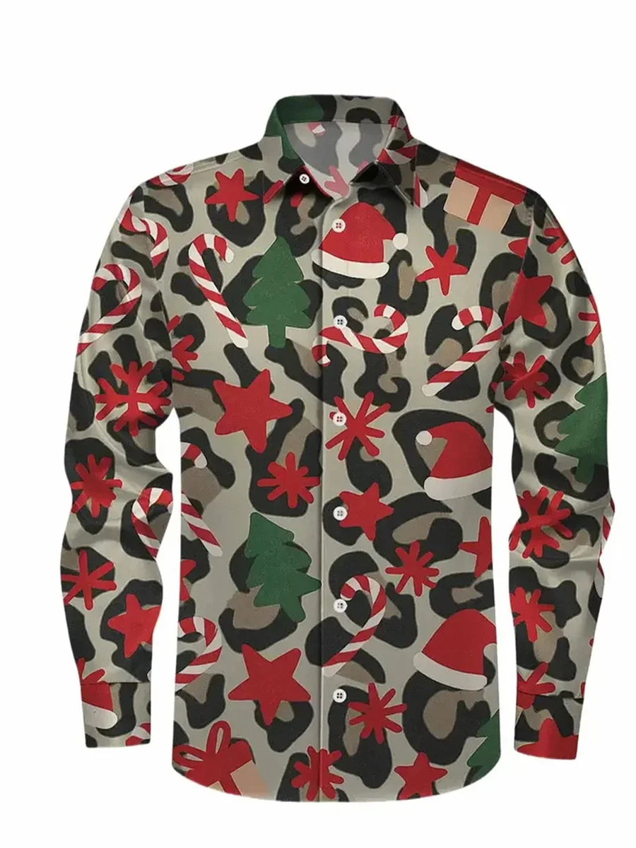 Grote maten herenshirt met lange mouwen Cartoon kerstsneeuwman en boomprint Vakantie Casual familiefeestkleding