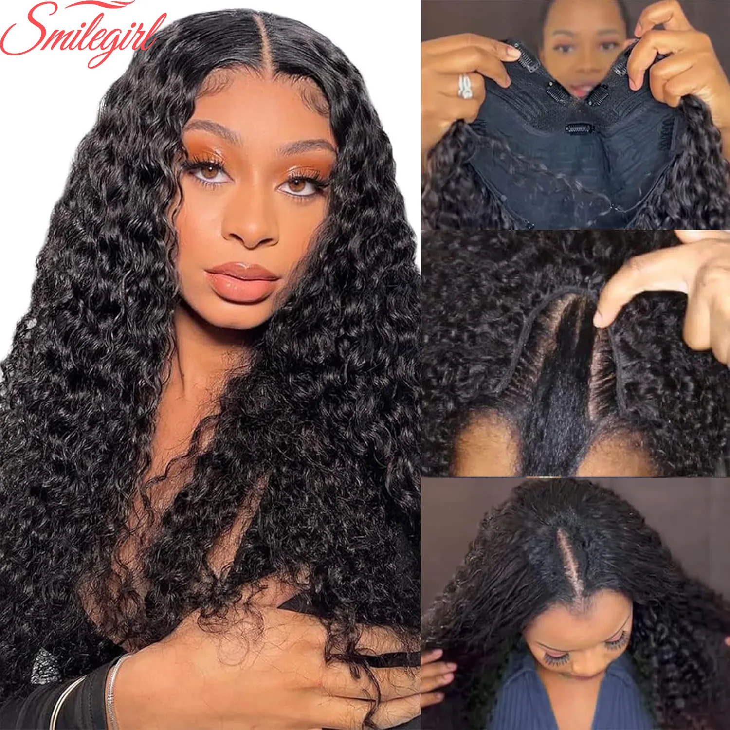 

Парик с глубокими волнами и V-образной частью, человеческие волосы, плотность 180%, бесклеевые, вьющиеся человеческие волосы для чернокожих женщин, натуральный черный бразильский