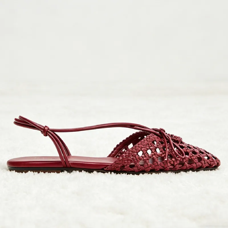 Luxury Braided Hollow Flat Sandals Women Bow Detail Square Toe Slingback Designer Shoes Street Style Comfort Summer Women's Shoe