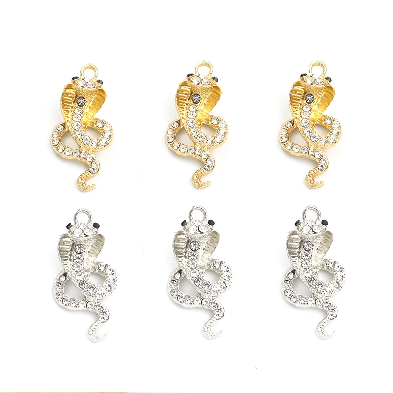 10pcs Fashion Snake Crystal Metal Charms Gold Silver Color Cobra Snake Pendant Jewelry Making Bracelets Earrings Handmade Crafts