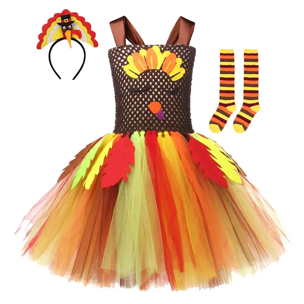 Kids Children Thanksgiving Turkey Cosplay Costume Girls Tutu Dress Headband Outfits Halloween Carnival Party Suit