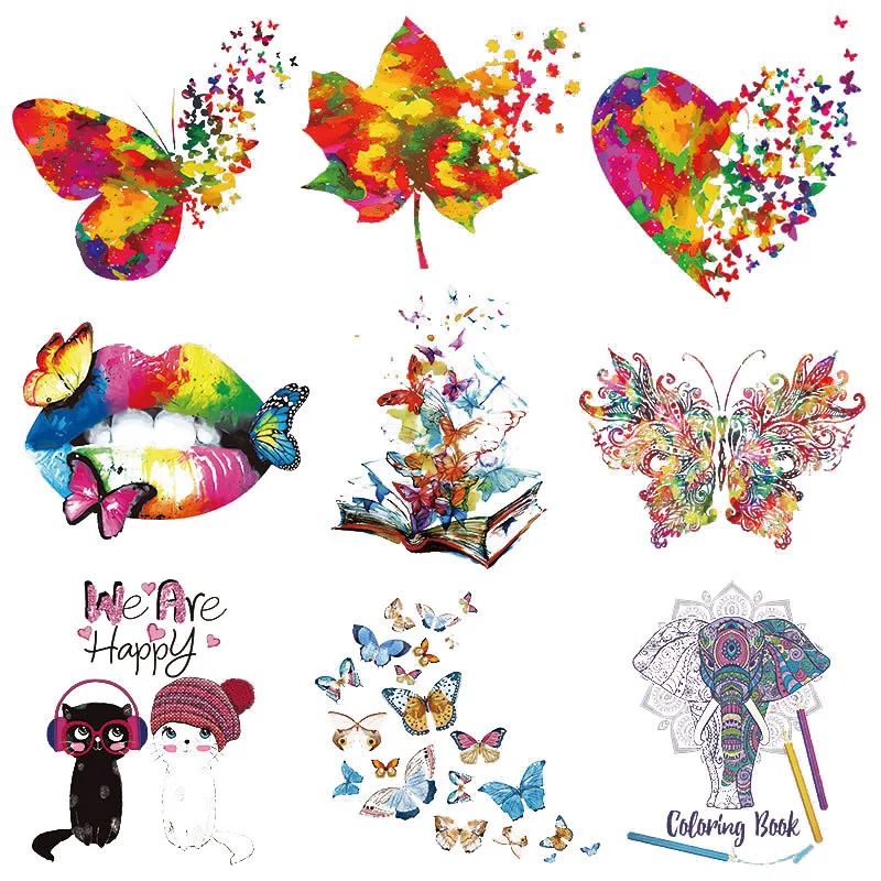 Thermal Sticker on Clothes Applique, Cartoon, Gradient, Butterfly, Heart, Transfer Patches, Iron on Patches for Clothing, Elepha