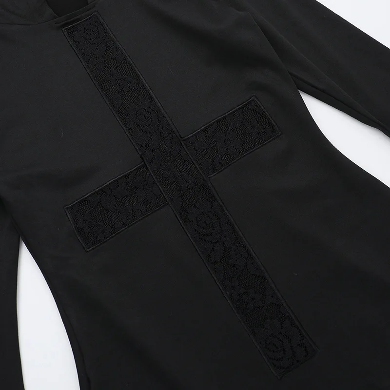 ONE TO WAN Goth Dark Elegant Damen Kapuzenkleid Mall Gothic Kreuz Ausgeschnittene Spitze Gespleißtes Party Acubi Sexy Bodycon Kleider Slim – Detail 11