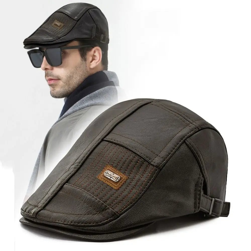 

Casual Forward Peaked Cap Men Beret Hat Korean Style British Style Leather Flat Cap Solid Color Cabbie Painter Cap
