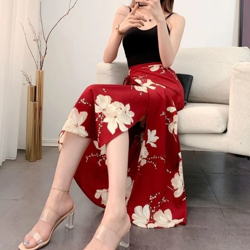 

Boho Floral Maxi Skirt for Women Summer Wrap Beach Skirt with High Waist Side Slit Adjustable Tie Y2K Vintage Long Skirt Gothic