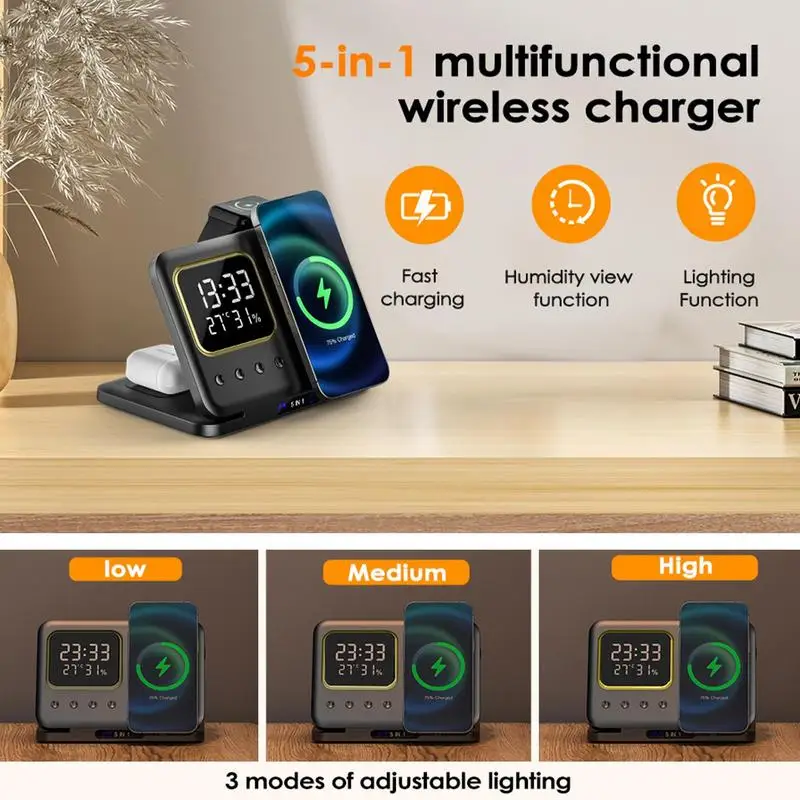 Station de chargeur sans fil multifonction 5 en 1, charge rapide 15W, support de téléphone portable, réveil créatif pour la maison, la chambre, le bureau