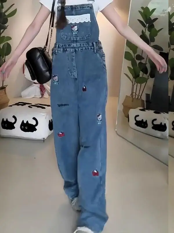 

Брюки на подтяжках Sanrio, брюки на подтяжках Hello Kitty, свободные брюки в американском стиле, рабочее оборудование, широкие брюки для отдыха, брюки для девочек