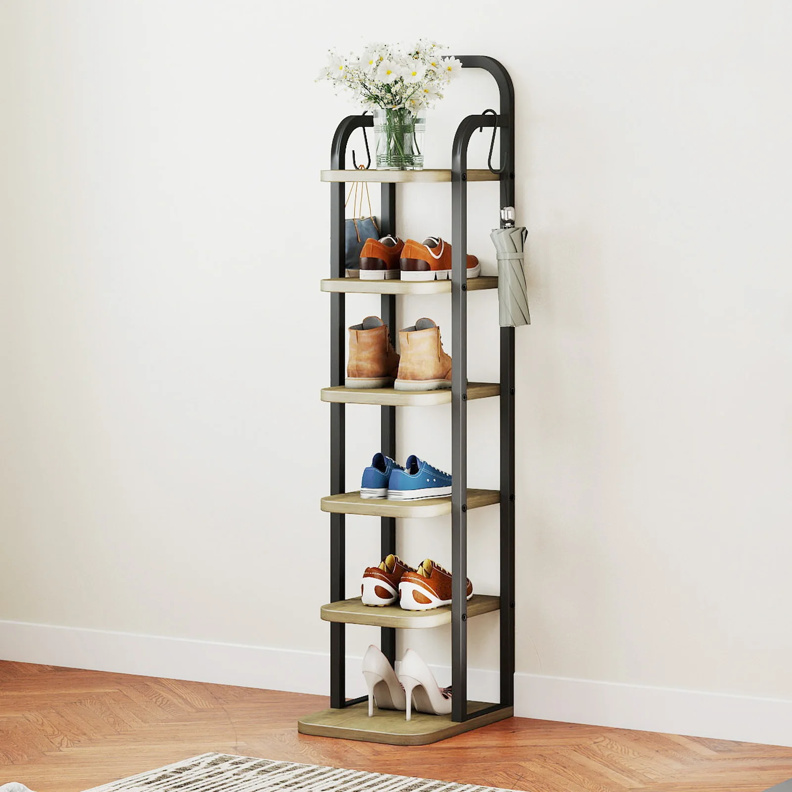 

Вертикальная 6-ярусная полка для обуви с регулируемыми полками, высокая узкая деревянная угловая полка для обуви с крючками для небольших помещений и прихожих