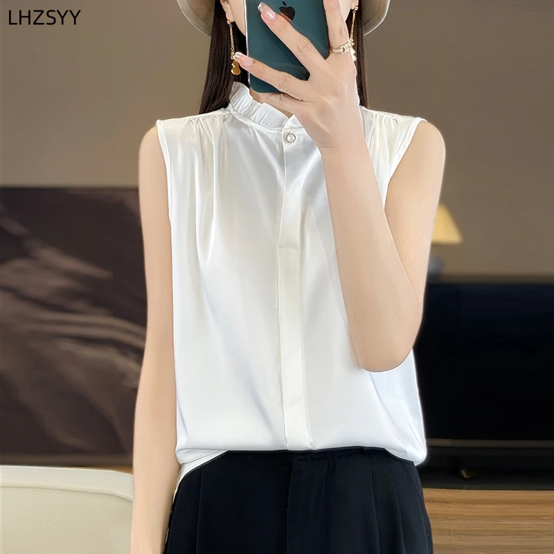 LHZSYY Women\'s Spring Summer New Fashion Vest Inside Fungus Collar Sleeveless Shirts Silk Satin Bottom Blouse Joker Thin Tops