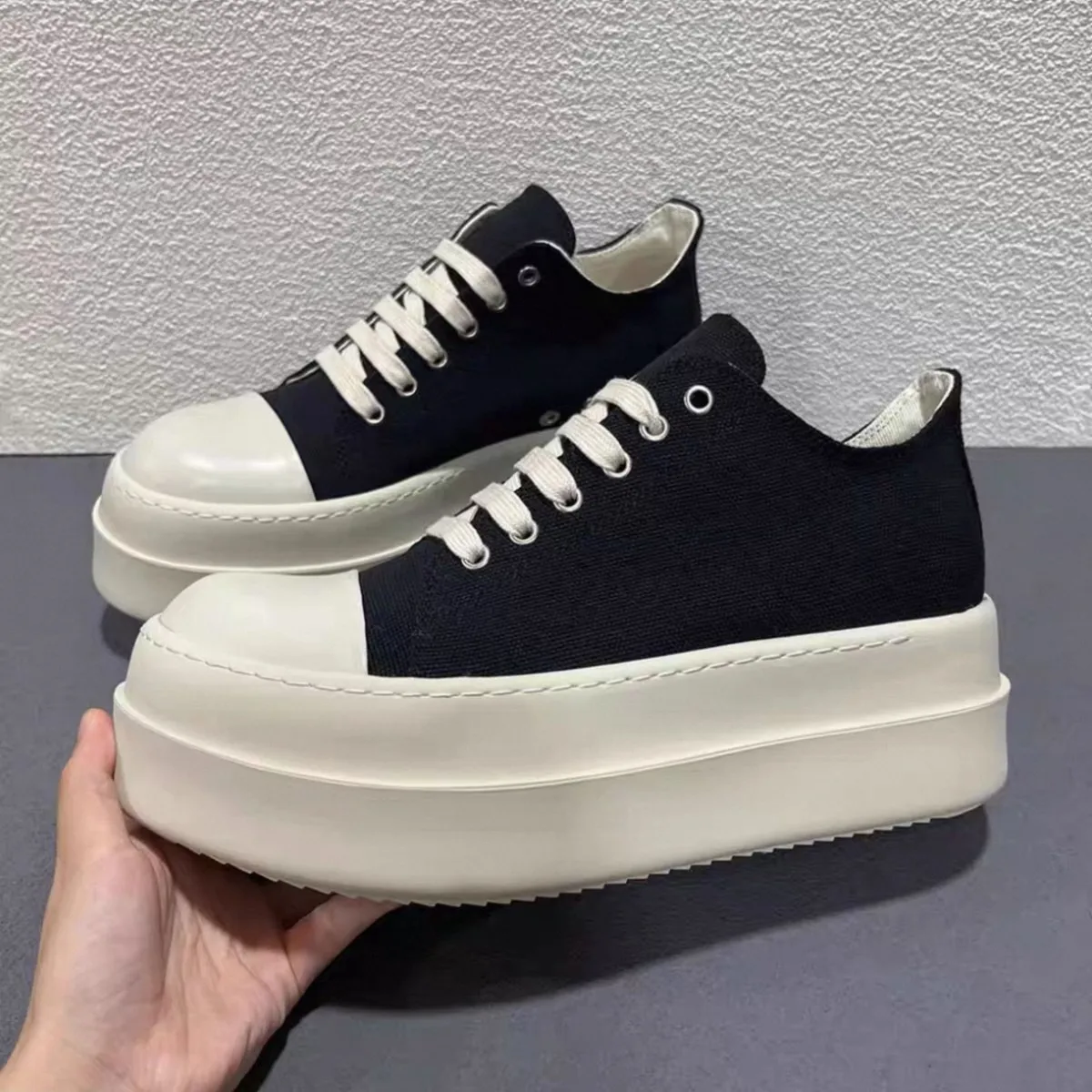 

Ro Luxury Men Shoe Women Sneaker Black Canvas Low Top Casual Shoes Lace Up 6cm Thick Sole Pantshoes Black Leather Flat Sneakers