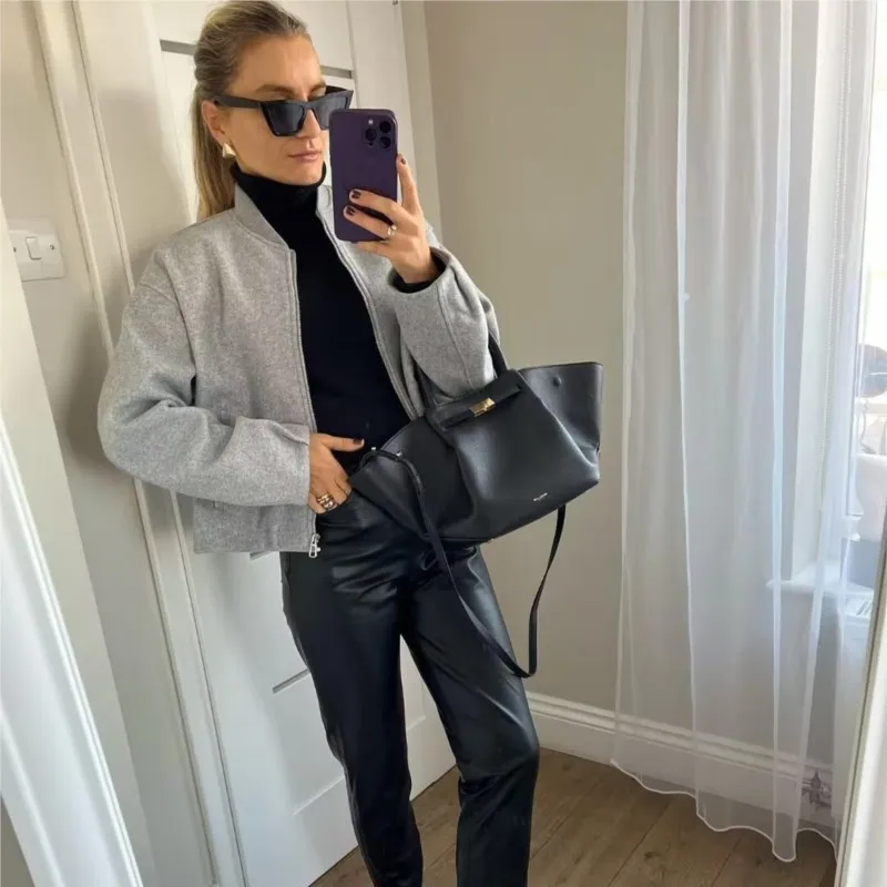 

Overcoat Female Casual Loose Coat 2025 New Autumn Winter Gray Bomber Jacket Coat Women Casual Classic Elegant Zipper Long Sleeve