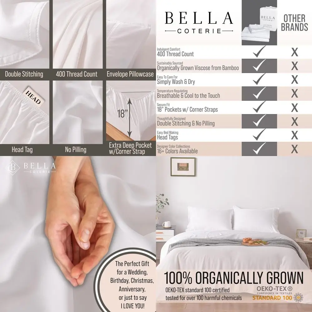 

Luxury Bamboo Viscose Queen Sheets Set - 100% Organic, Ultra Soft, Cooling, 18 Deep Pocket, White
