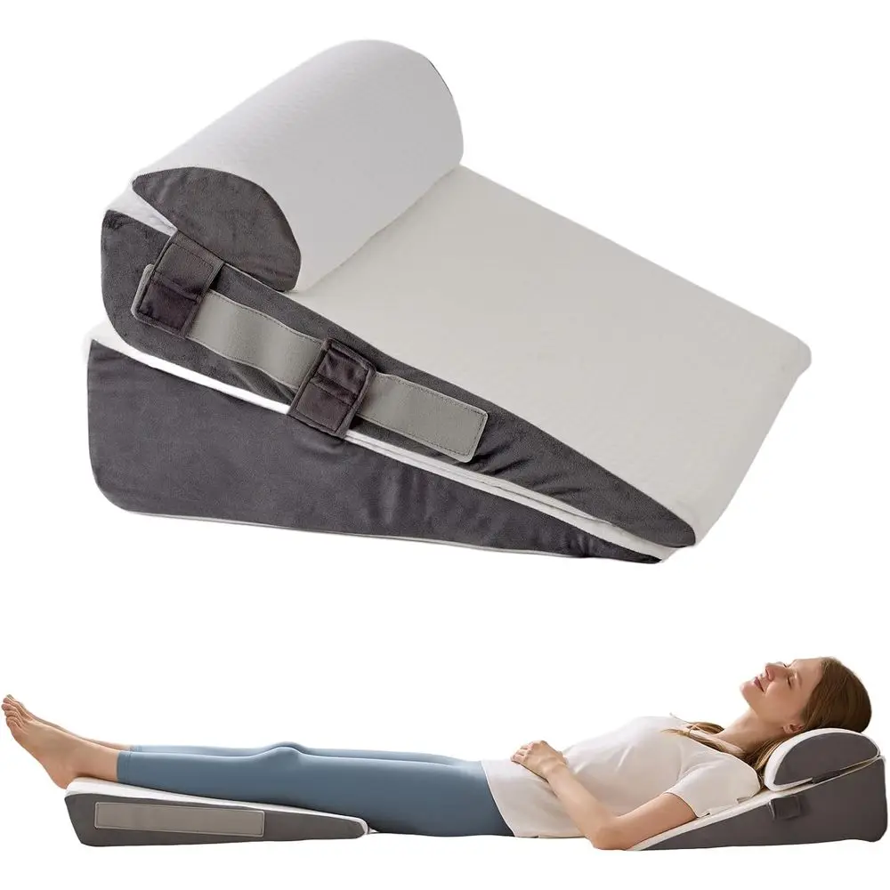 

3-Piece Ergonomic Adjustable Bed Wedge Pillow Set for Acid Reflux, Anti-Snore, and Back & Shoulder Pain Relief - White & Grey