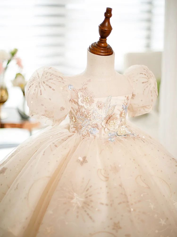 Flower Kids Wedding Princess Dress Luxury Puff Sleeves Baby Girls Birthday Formal Dresses Noble Performance Models Show Ballgown