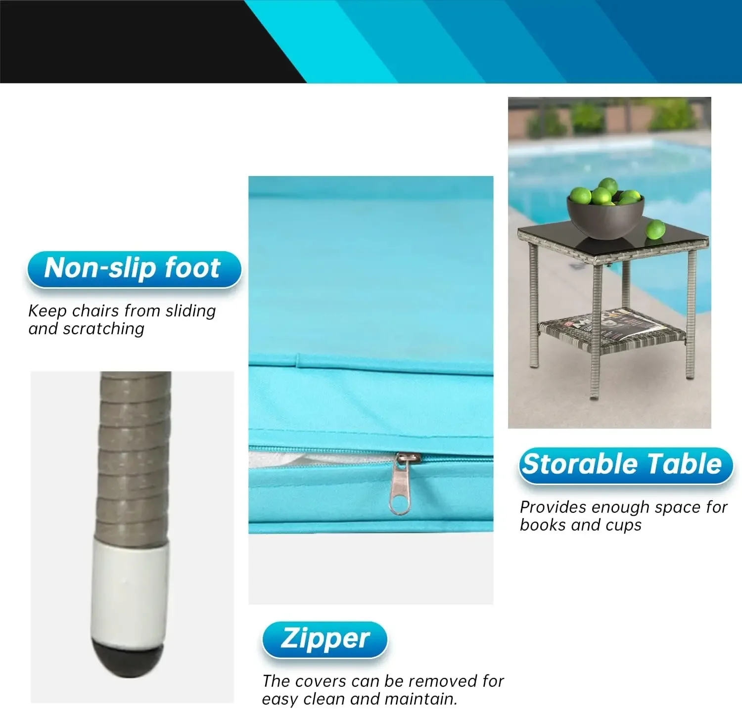 Bistro Conversation Set 2 Rattan Chairs with Blue Cushions and Glass Coffee Table for Porch Lawn Garden Balcony Backyard