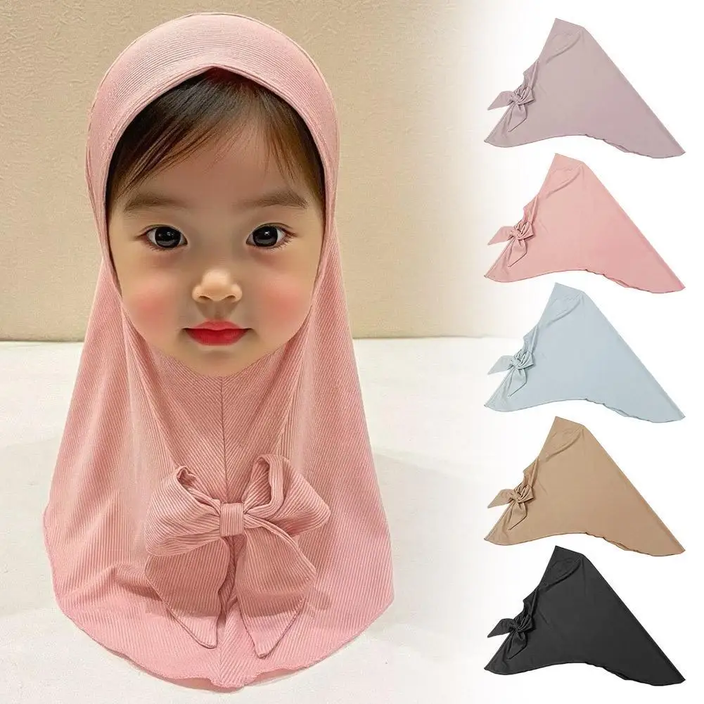 Muslim Kids Girls Hijab Vertical Stripe Worship Hat Summer Accessory For 2 To 6 Years Old Children Fabric Type