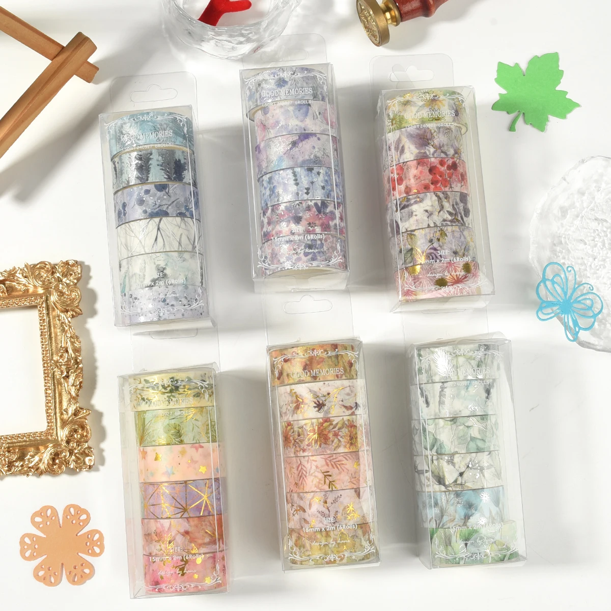 6rolls/Box Gold Foil Washi Tape Adhesive Paper Tape For Creative Journaling Scrapbooking Supplies Masking Tape Decorative Tape