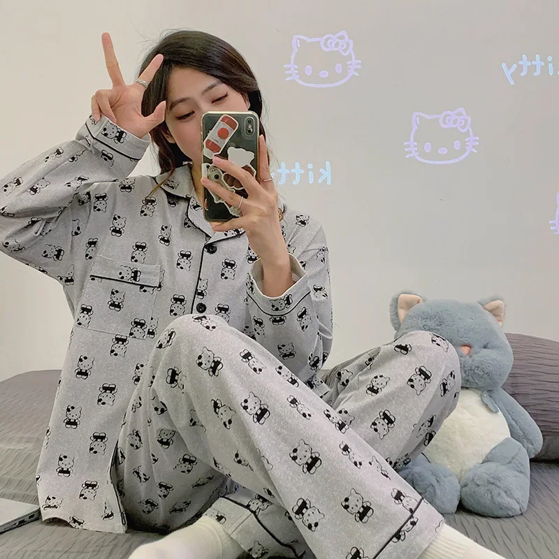 Sanrio Hello Kitty autumn new cartoon full print women's pajamas long-sleeved cardigan student sweet animation loungewear