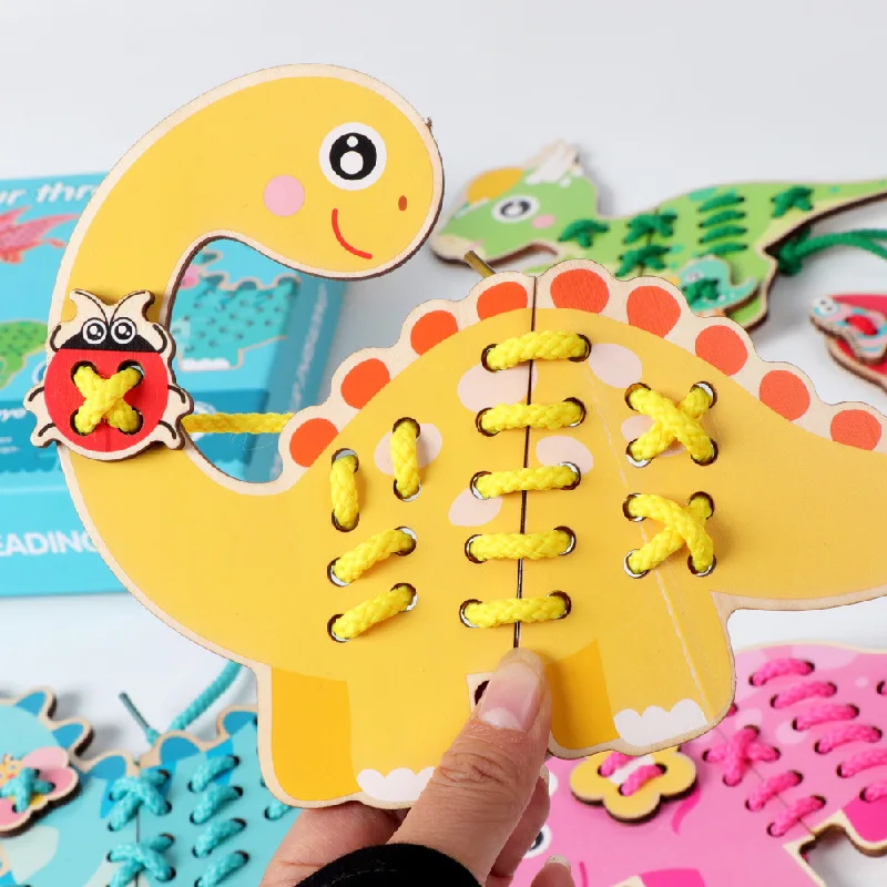 Threading Toy Wooden Puzzle Gift Montessori Handmade Dinosaur Sewing Early Education Sports Finger Life Skills 1-4 Years Childre