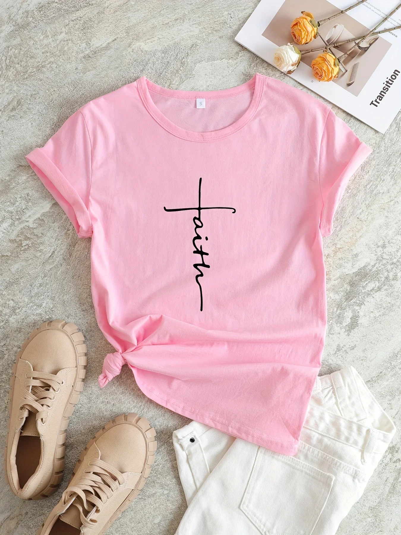 

Faith Print V-Neck T-Shirt, Casual Every Day Short Sleeve T-Shirt, Women's Clothing