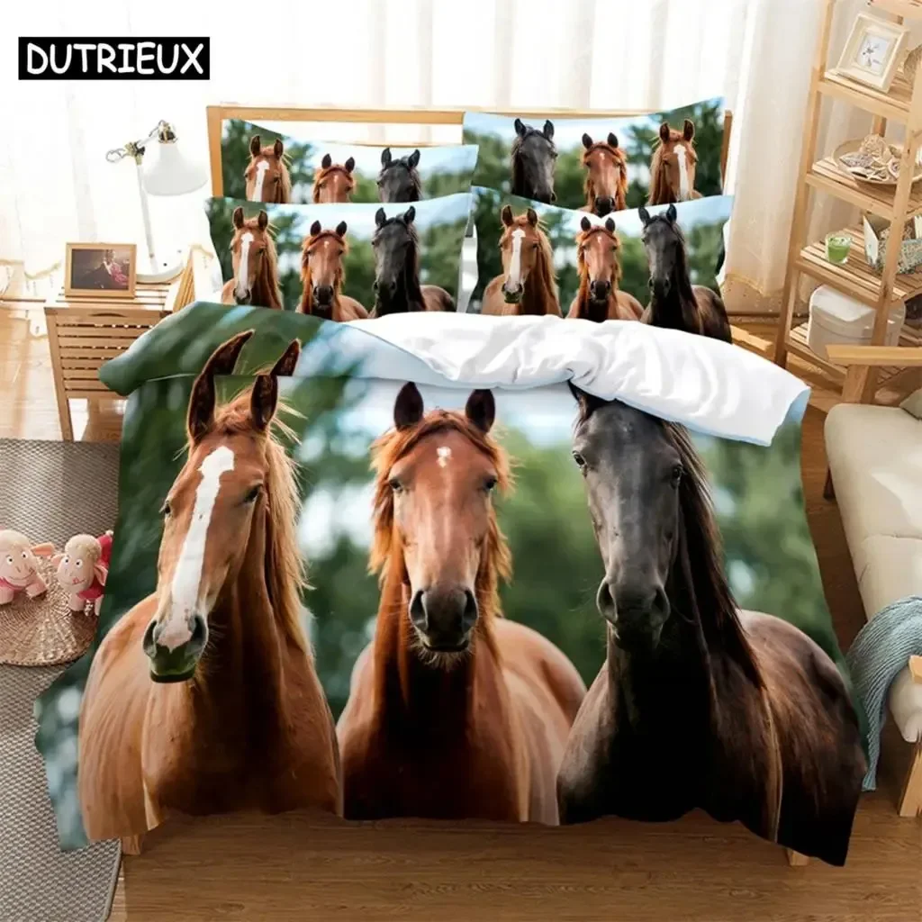 Horse Bedding 3-piece Digital Printing Cartoon Plain Weave Craft For North America And Europe  Bedding Set Queen