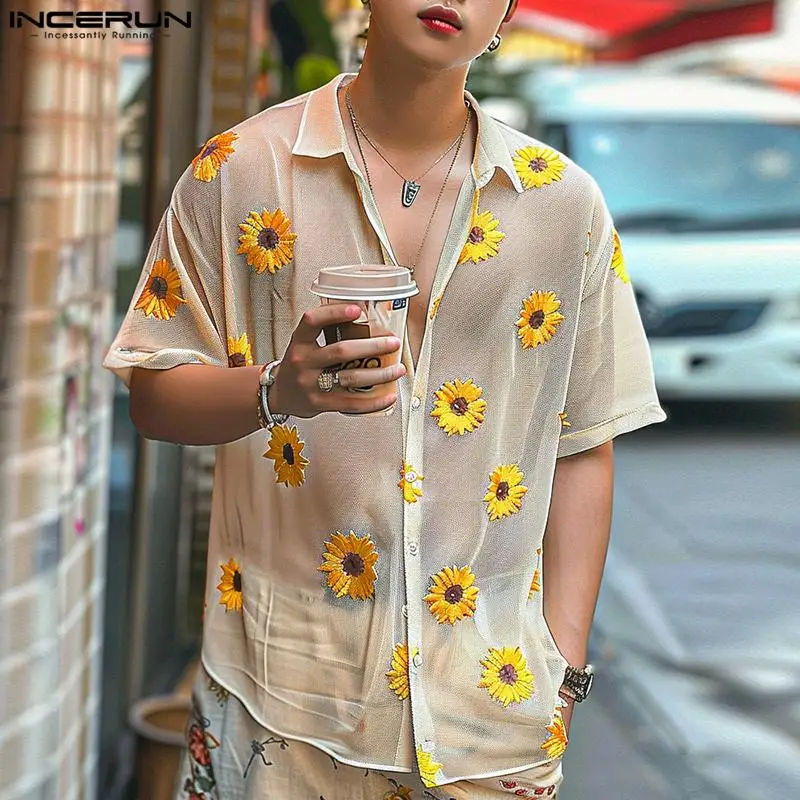 

INCERUN Tops 2024 Handsome New Men Dense Mesh See-through Sunflower Printed Shirts Summer Casual Male Short Sleeved Blouse S-5XL