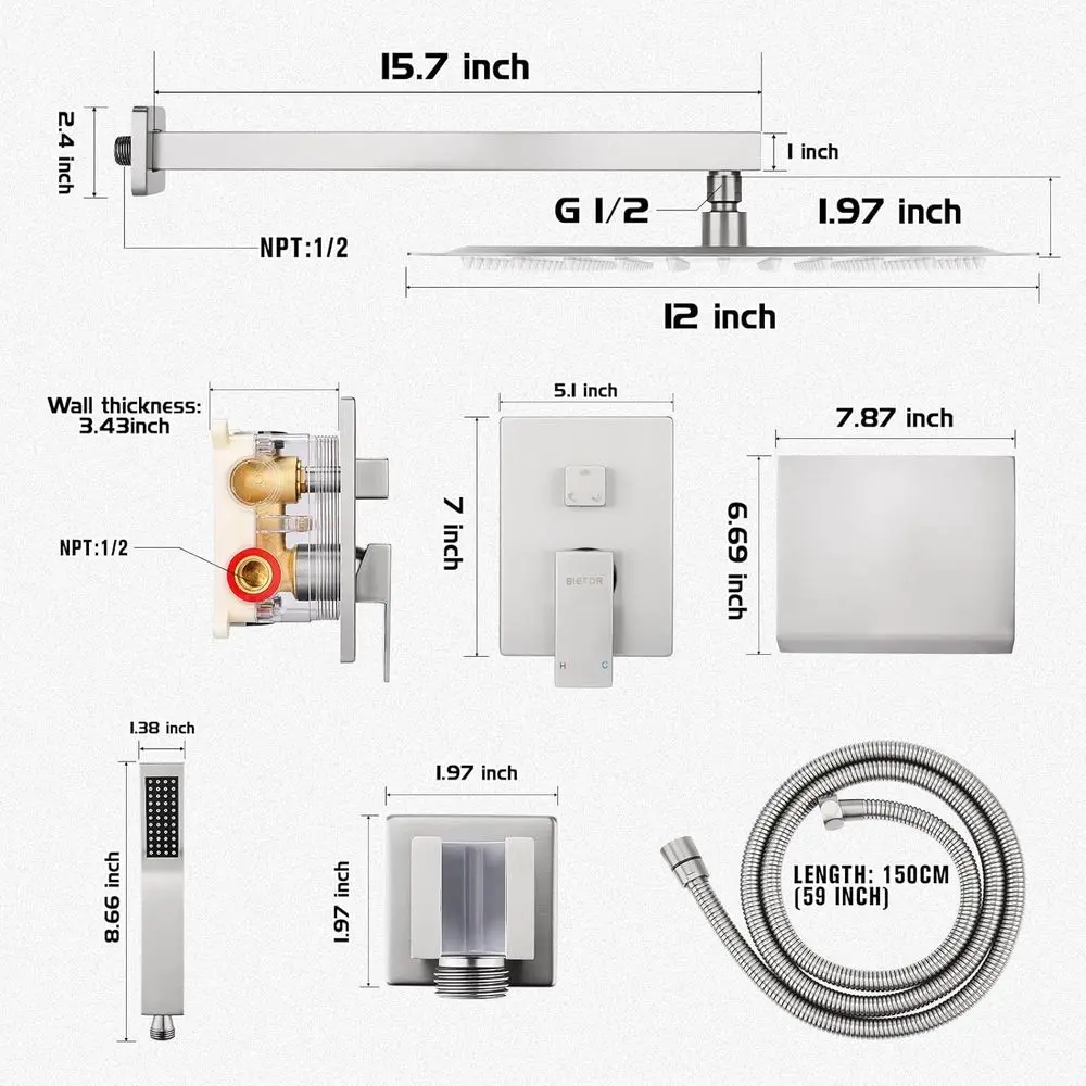 12-Regenduschsystem mit Handbrause, Wannenauslauf und gebürstetem Nickel-Finish