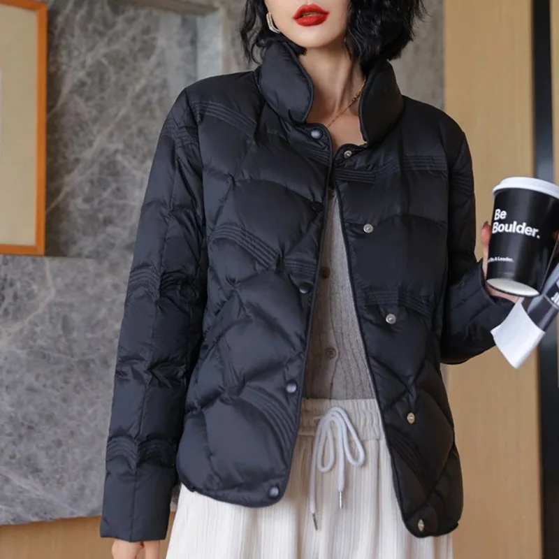 Down jacket women's 2026 autumn and winter new short style stand up collar plaid stylish white duck down women's warm jacket