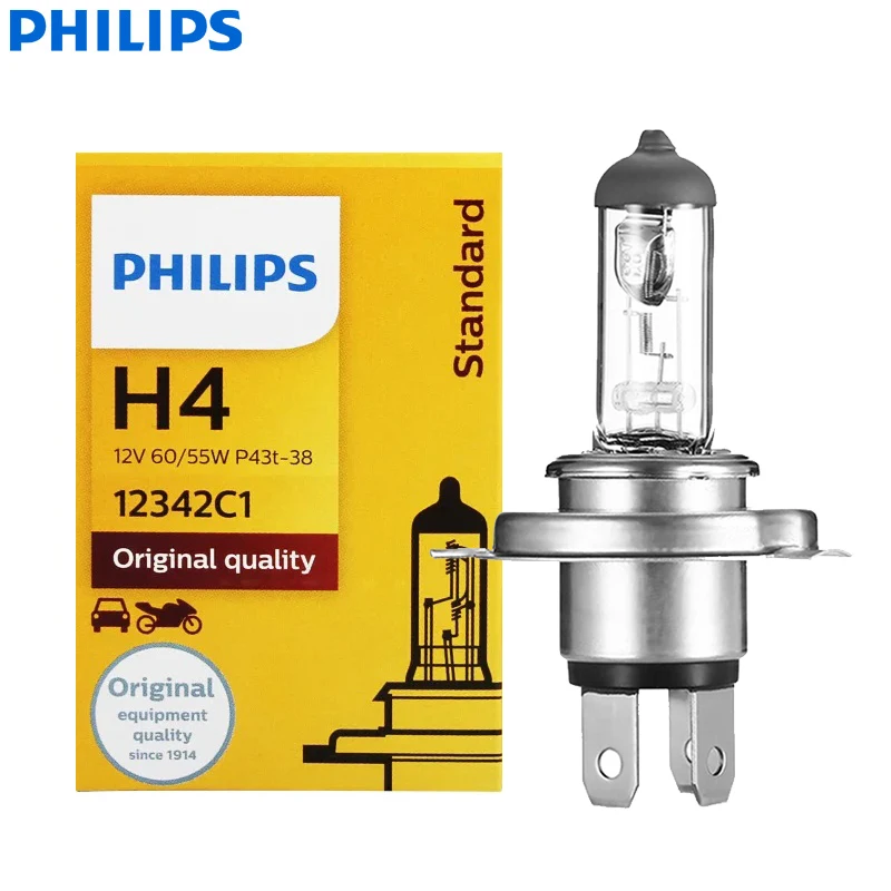 Philips Vision H4 9003 HB2 Standard Car Head Lamp Original Bulb Genuine Halogen Light ECE 12V 60/55W P43t 12342C1, 1X