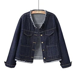 Deep blue Denim Jacket Women's Small fragrance style New Spring Autumn Casual Round neck Jackets Female Cowboy Short Outwear