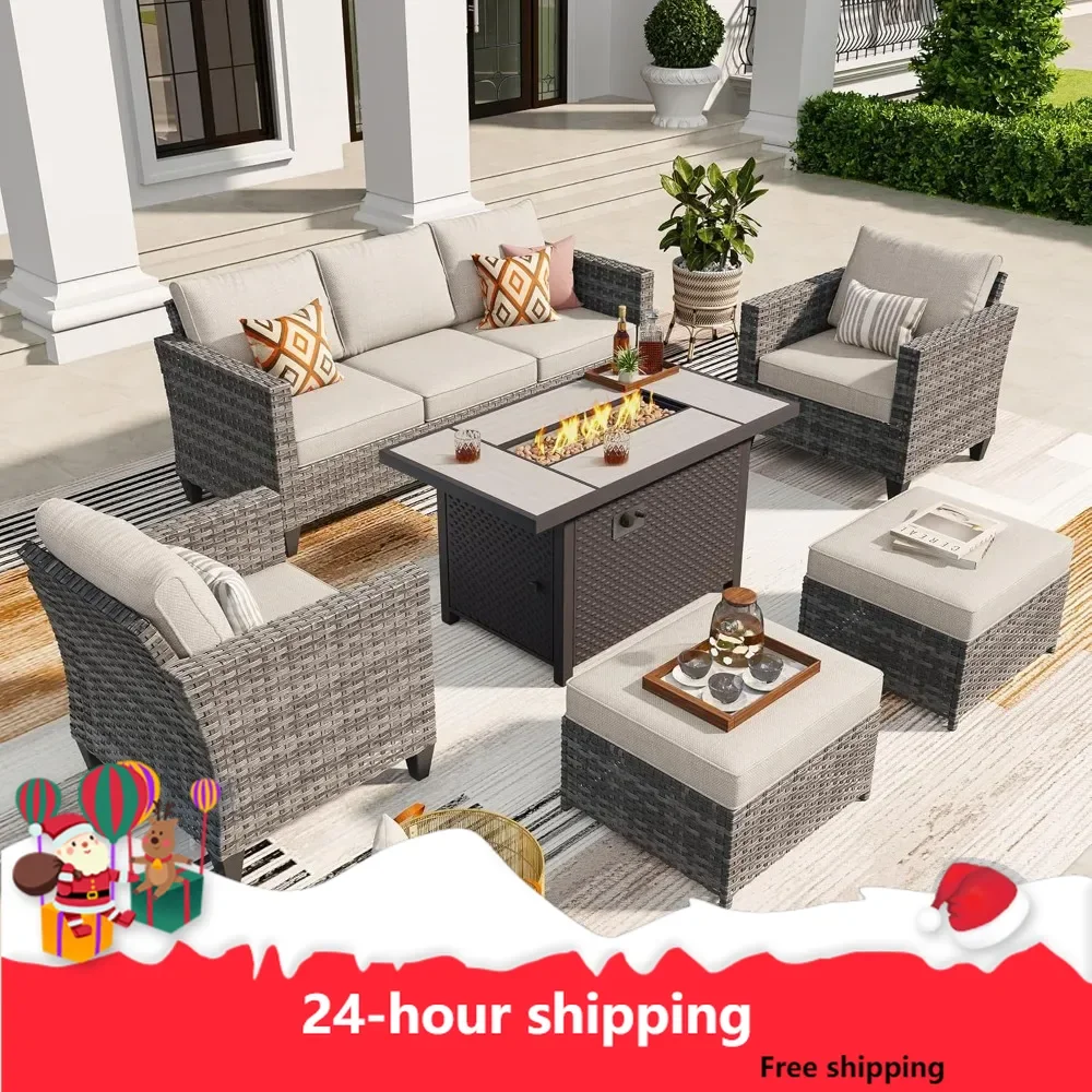 6 Pieces Patio Furniture Set with Fire Pit Table,Outdoor Wicker 3-Seat Sofa with Comfy Cushion,High Back Rattan Conversation Set