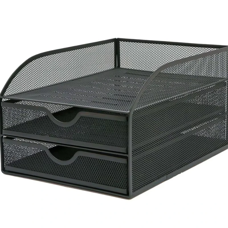

three-layer metal grid office stationery data organizer frame desktop file storage rack with drawer garden tool rack