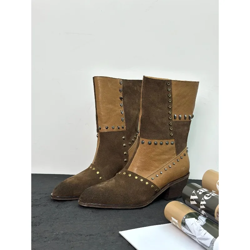 British Handmade Fashion Pointed Toe Rivet Western Cowboy Boots Women's Shoes High Heels Genuine Leather Motorcycle Boots Female