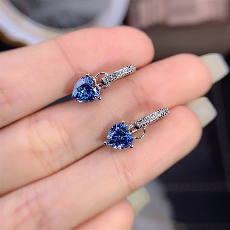 Heat Shape Earrings for Women 1ct/pcs Total 2ct Blue Moissanite Earring with 925 Silver D Color Drop Earring for Women