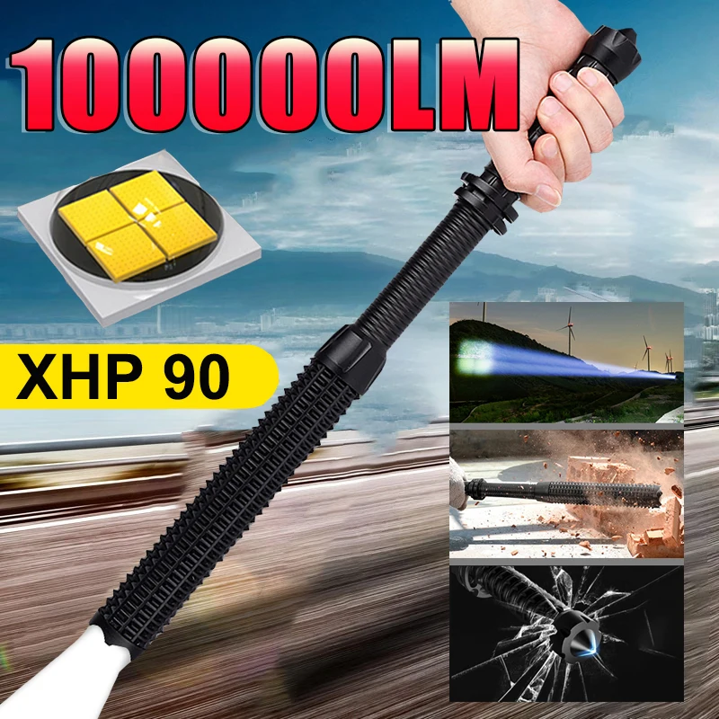 XHP90 Self-defense Baseball Tactical Flashlight 18650 Rechargeable Powerful LED Torch 100000LM Telescopic Zoom Emergency Lamp