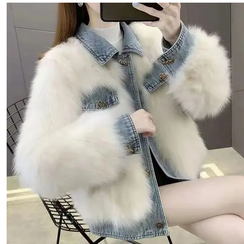 

Winter Women New Fur Coat Short Cowboy Korean Thickening Coats Faux Fox Fur Collar Female Lapel Collar Age Reduction Jacket