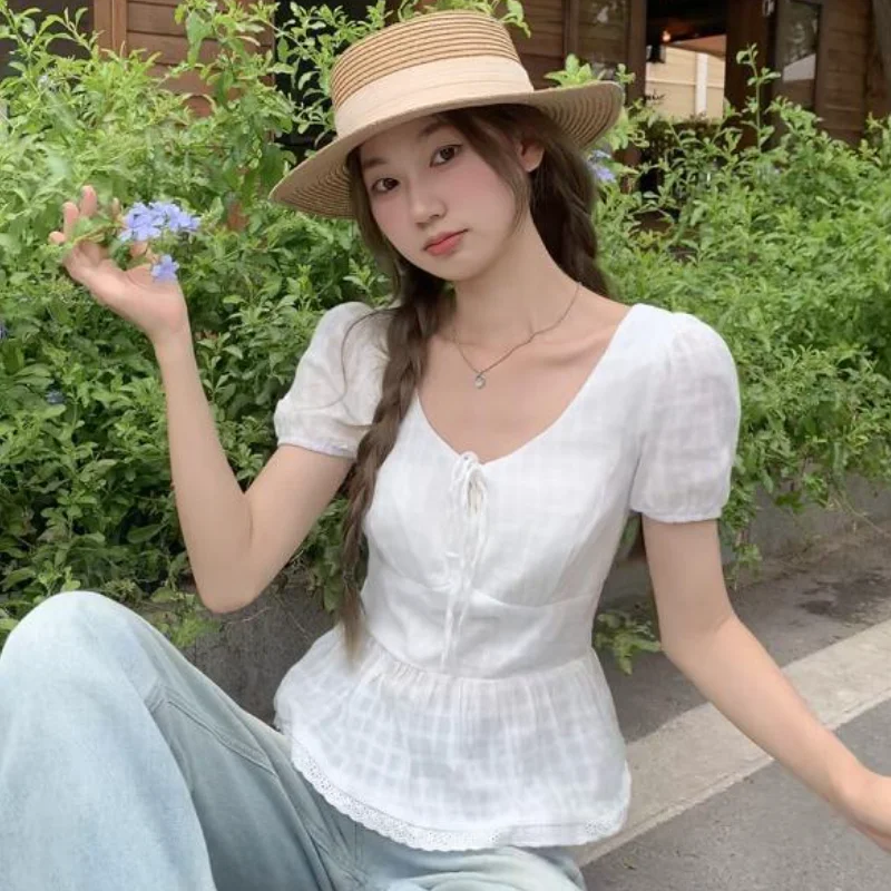 

Fashion Bow Tie Tied Short Sleeved T-Shirt for Women's Summer New Versatile Cotton Waist Cinching Slim Fit Short Top