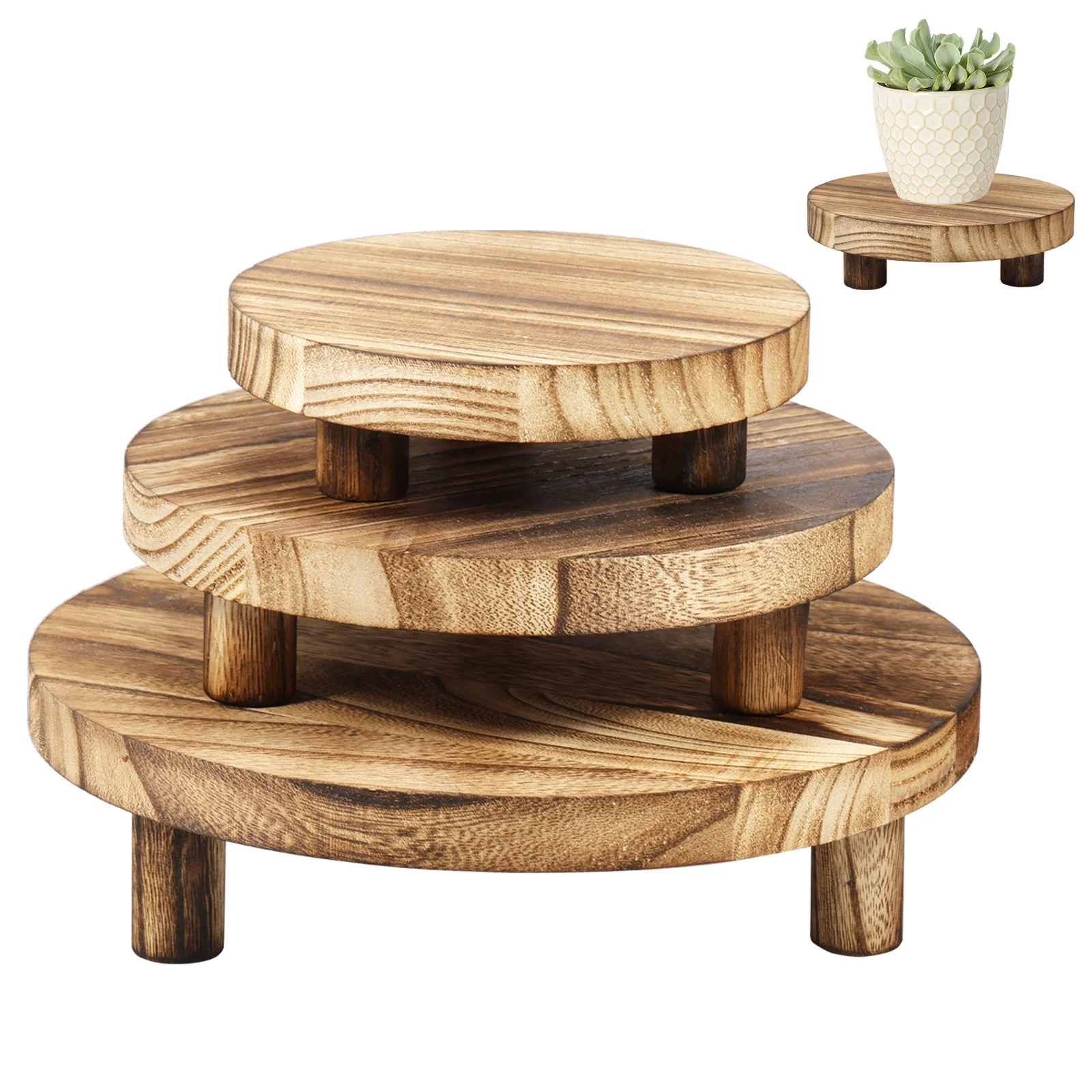 3Pcs Wooden Stool Display Stand 3 Sizes Wood Plant Holder Riser Stand Round Wood Riser with Removable Feet for Home Patio Decor